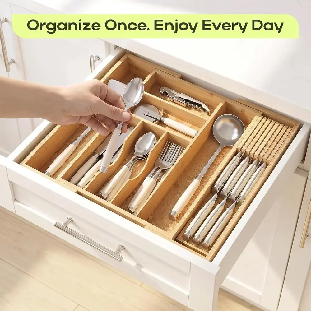 Bamboo Expandable Adjustable Silverware Drawer Organizer w/ Knife Block Kitchen